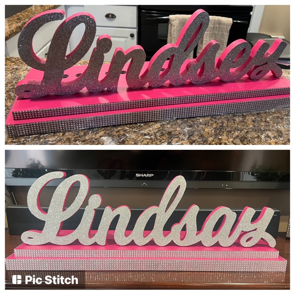 Candelabras   (2) Hot pink with silver glitter name Lindsey & Lindsay